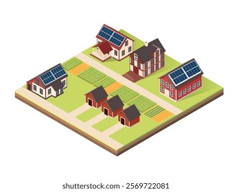 Isometric block with layers of earth. Layout of small neighborhood with houses, solar panels, trees, and open fields. Perfect for rural community designs or housing visuals. Vector illustration