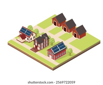 Isometric block with layers of earth. Rural scene with multiple houses, solar panels, vegetable plots, and a well-maintained pathway network. Vector illustration