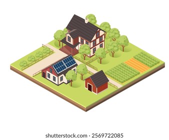 Isometric block with layers of earth. Rural area with multiple houses, solar panels, gardens, and farm plots. Perfect for countryside, farming, or sustainable housing designs. Vector illustration