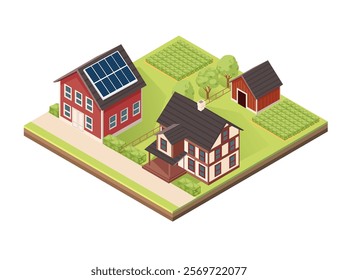 Isometric block with layers of earth. Village setup with houses featuring solar panels, gardens, fields, and a small shed. Perfect for housing and rural community designs. Vector illustration