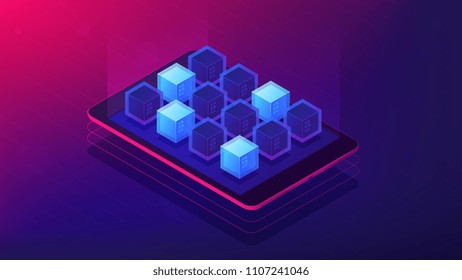 Isometric blockchain application landing page concept. Blockchain technology as application platform with scripting language illustration on ultra violet background. Vector 3d isometric illustration.