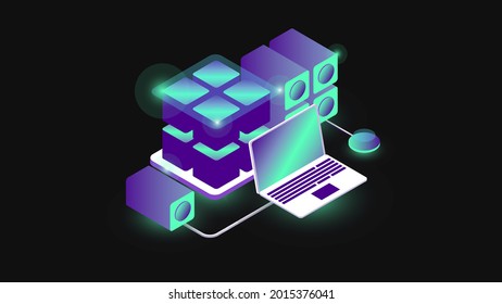  Isometric Blockchain Composition. Colorful Gradient Laptop and Devices. Digital Connection. Vector illustration