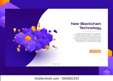 Isometric blockchain concept banner. Modern Concept of Digital Technology in the Shape of Block Chain. Vector Illustration.