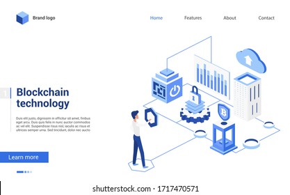 Isometric blockchain crypto technology vector illustration. 3d cartoon tiny people work with blockchain, make money cryptocurrency analytics, trade or exchange bitcoin concept interface website design