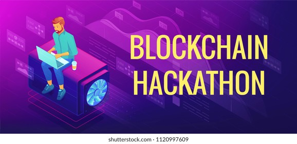 Isometric blockchain hackathon landing page concept. Blockchain developer with laptop as team member and problem solution illustration on ultraviolet background. Vector 3d isometric illustration