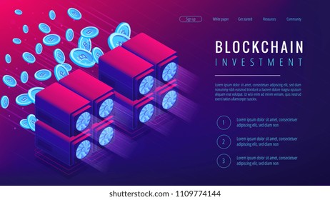 Isometric blockchain investment landing page concept. Dedicated servers with mined coins as global cryptocurrency economy in ultra violet. Cryptocurrency investment. Vector 3d isometric illustration.