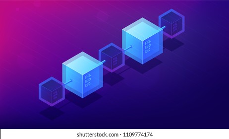 Isometric blockchain network architecture concept. Computer network, global decentralized system of data transfer illustration on ultra violet background. Vector 3d isometric illustration.