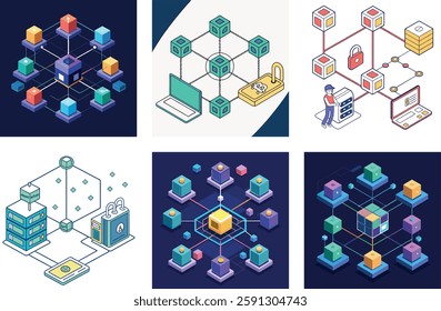 Isometric Blockchain Network Illustration – Decentralized Ledger Technology Vector Art