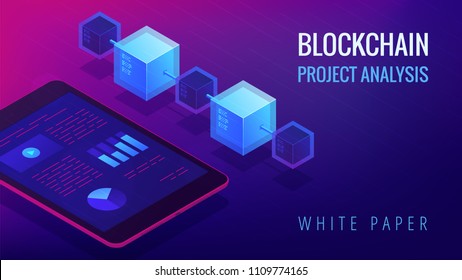 Isometric blockchain project analysis and white paper landing page concept. Blockchain fintech, global cryptocurrency economy illustration on ultra violet background. Vector 3d isometric illustration.