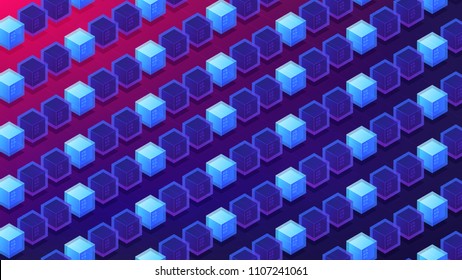 Isometric blockchain proof of stake concept. PoS, block transactions validation, cryptographic calculations, mining power illustration on ultra violet background. Vector 3d isometric illustration.