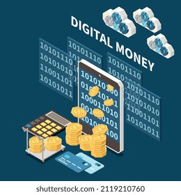 Isometric blockchain system and crypto technology composition with 3d symbols of digital money vector illustration