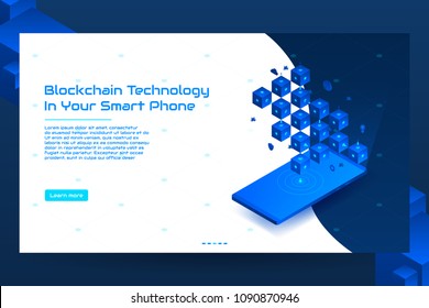 Isometric blockchain technology banner concept. Modern Concept of Digital Technology in the Shape of Block Chain in smartphone. Vector Illustration.