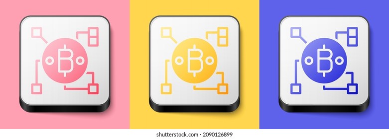 Tecnología isométrica de Blockchain Icono de bitcoin aislado en fondo rosa, amarillo y azul. Resumen del negocio de la tecnología de redes de cadenas de bloques geométricos. Botón cuadrado. Vector