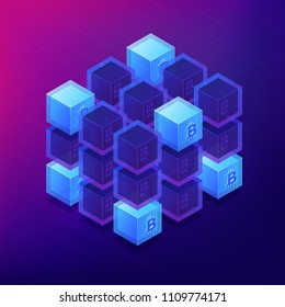 Isometric blockchain technology concept. Computer network, global cryptocurrency mining and blockchain data transfer illustration on ultra violet background. Vector 3d isometric illustration.