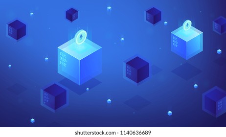 Isometric blockchain technology concept. Etherium mining, e-trade, crypto trading, global cryptocurrency blockchain founds transfer. Blue violet background. Vector isometric illustration.