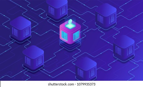 Isometric blockchain technology concept. Network, e-commerce, bitcoin trading, global cryptocurrency blockchain data transfer illustration on ultraviolet background. Vector 3d isometric illustration.