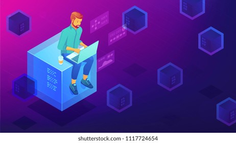 Isometric blockchain technology development concept. Blockchain developer sitting on mining block and coding the smart contract application. Vector 3D isometric illustration on ultraviolet background.