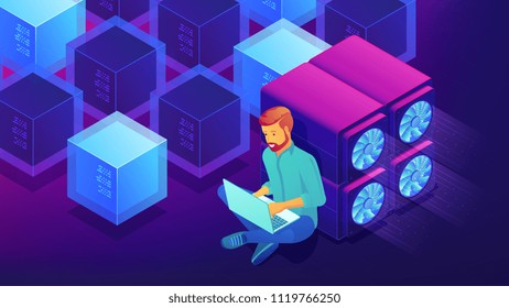 Isometric blockchain technology development concept. Blockchain developer sitting near GPU mining farm with laptop, writing code. Vector 3D isometric illustration on ultraviolet background.