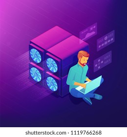 Isometric blockchain technology development concept. Blockchain developer sitting near GPU mining farm and fixing cryptocurrency code. Vector 3D isometric illustration on ultraviolet background.