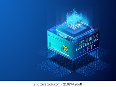 Isometric NТАЕ with blockchain technology. Blockchain technology in digital crypto art. Digital data center, processing a large flow of currency exchanges. Vector illustration