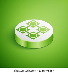 Isometric Blockchain technology icon isolated on green background. Cryptocurrency data sign. Abstract geometric block chain network technology business. White circle button. Vector Illustration