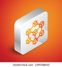 Isometric Blockchain technology icon isolated on orange background. Cryptocurrency data sign. Abstract geometric block chain network technology business. Silver square button. Vector Illustration