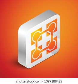 Isometric Blockchain technology icon isolated on orange background. Cryptocurrency data sign. Abstract geometric block chain network technology business. Silver square button. Vector Illustration
