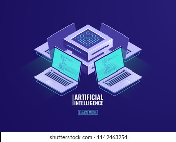 Isometric blockchain technology icon, server room concept with laptop and program code on screen, datacenter and database vector neon dark
