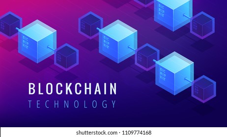 Isometric blockchain technology landing page concept. Blockchain finance, stock exchange and global cryptocurrency mining illustration on ultraviolet background. Vector 3d isometric illustration.