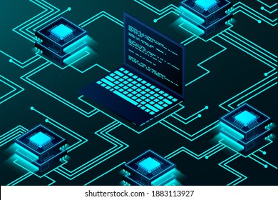 Isometric blockchain technology landing page. Cryptocurrency and blockchain isometric composition. Bitcoin trading. Global cryptocurrency blockchain data transfer concept.