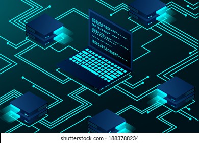 Isometrische Blockchain Technologie Landing Page. Kryptowährung und Blockchain isometrische Zusammensetzung. Bitcoin-Handel. Globales Konzept für die Verschlüsselung der Blockchain-Datenübertragung.