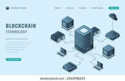 Isometric blockchain technology landing page concept. Isometric cryptocurrency. Digital technology website landing page. Vector illustration
