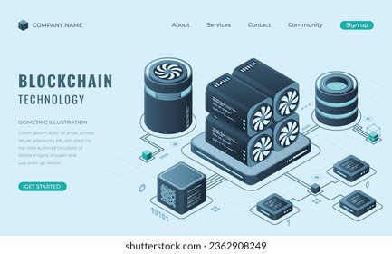Isometric blockchain technology landing page concept. Isometric cryptocurrency. Digital technology website landing page. Vector illustration