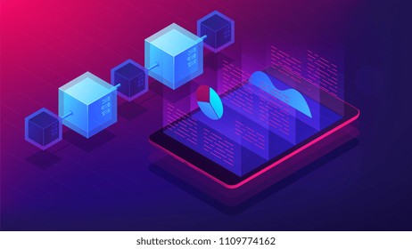 Isometric blockchain white paper and ICO analysis concept. ICO analysis framework, global cryptocurrency market illustration on ultra violet background. Vector 3d isometric illustration.