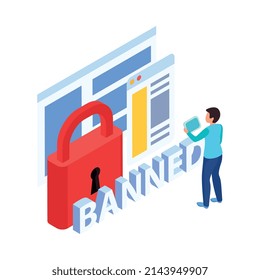 Isométrico bloqueo de sitios de Internet icono con páginas web de usuarios prohibidas e imagen 3d de ilustración de bloqueo vectorial