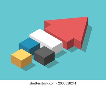 Bloques isométricos de varios colores formando flecha. Familia, trabajo en equipo, asimilación, desarrollo y concepto de variedad. Diseño plano. Ilustración vectorial EPS 8, sin transparencia, sin gradientes