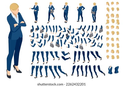 Isometric blonde-haired woman character constructor. Front and back view. Various options for hairstyle, clothes, accessories and gadgets, legs, and arms moves.Businesswoman character design