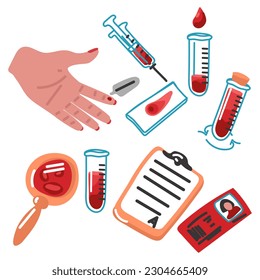 Isometric blood donation kit screening nurse. Tools for studying the blood of future donors. Vector illustration of step-by-step blood testing of a donor. Sample, verification, conclusion, documents