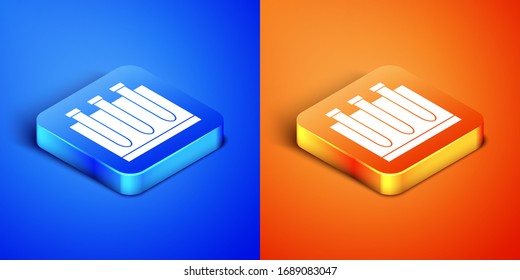 Isometric Blood test and virus molecule coronavirus icon isolated on blue and orange background. Coronavirus, COVID-19. 2019-nCoV. Square button. Vector Illustration