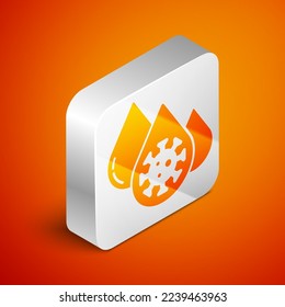Isometric Blood test and virus molecule coronavirus icon aislado en el fondo naranja. Coronavirus, COVID-19. 2019-nCoV. Botón cuadrado plateado. Vector