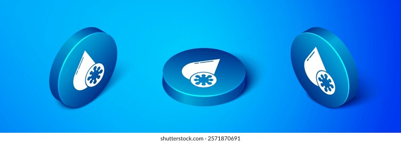 Isometric Blood test and virus molecule coronavirus icon isolated on blue background. Coronavirus, COVID-19. 2019-nCoV. Blue circle button. Vector Illustration