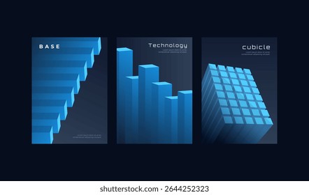 Isometric Blue 3D Abstract Poster Set and Technology Structure Concept