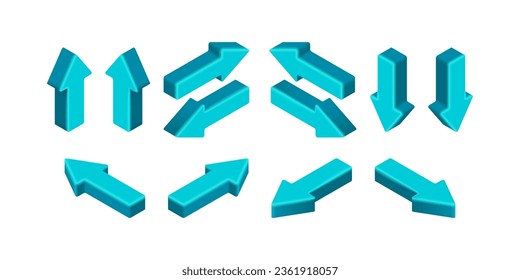 Filas azules isométricas. Colección de iconos de flecha 3d aislada en fondo blanco. Ilustración vectorial para aplicaciones, web, diseño, anuncio, infografía