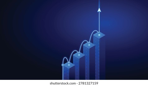 Isometric Blue Bar Graph Showing Upward Growth Trend With Glowing Points And An Arrow For Business Success And Financial Data Analysis