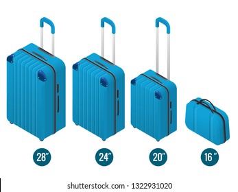 Isometric blue business and family vacation travel luggage bag, handbag baggage modern. Set of suitcases and backpacks isolated on white.