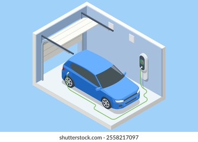 Isometric blue car charging inside a garage equipped with an electric vehicle charger. A clean and eco-friendly setup for modern transportation