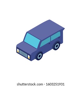 Isometric blue car design, Transportation vehicle transport wheel speed traffic road and travel theme Vector illustration