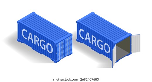 Isometric blue cargo container for shipping. Set of open and closed. Isolated on a white background. Vector template.