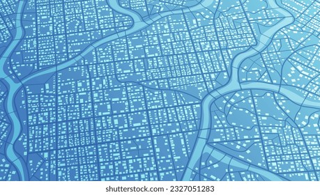 Zona de la ciudad azul isométrica, mapa de fondo, calles. Vista superior de la ciudad. Vista desde arriba del mapa. Panorama urbano en Skyline. Ilustración cartográfica. Proporción de pantalla ancha, Vector de mapa de calles de diseño plano digital