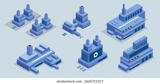 Isometric blue city building set for urban planning and architecture concept illustrations